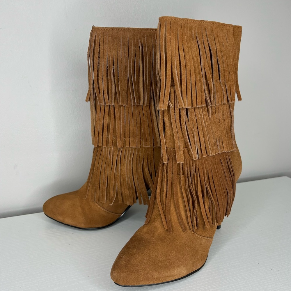 NEW Catherine Malandrino suede leather fringe heeled stiletto boots/festival. - Picture 4 of 14